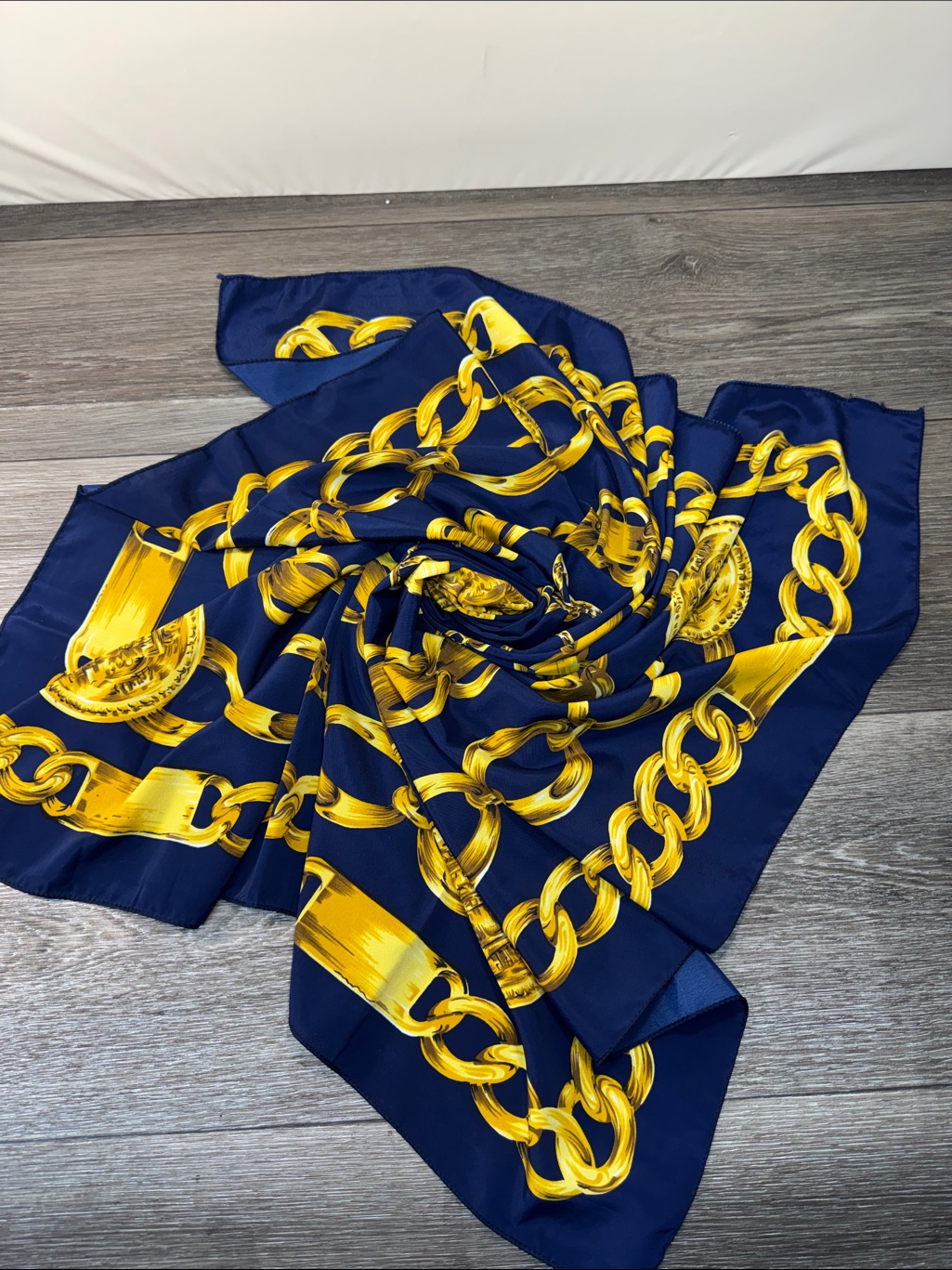 Unbranded Navy Blue  Gold Chain Print Silk Scarf